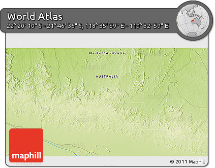 Physical 3D Map of the Area around 22° 3' 23" S, 119° 4' 29" E