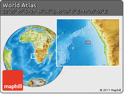 Physical Location Map of the Area around 22° 3' 23" S, 11° 7' 30" E