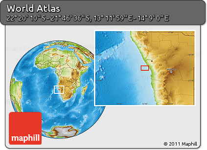 Physical Location Map of the Area around 22° 3' 23" S, 13° 40' 30" E
