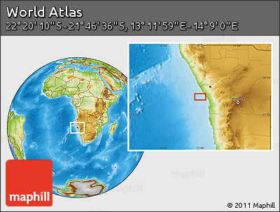 Physical Location Map of the Area around 22° 3' 23" S, 13° 40' 30" E