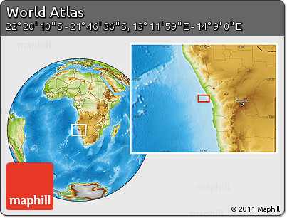 Physical Location Map of the Area around 22° 3' 23" S, 13° 40' 30" E