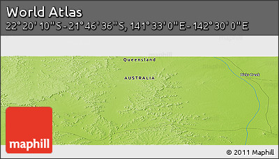 Physical Panoramic Map of the Area around 22° 3' 23" S, 142° 1' 30" E