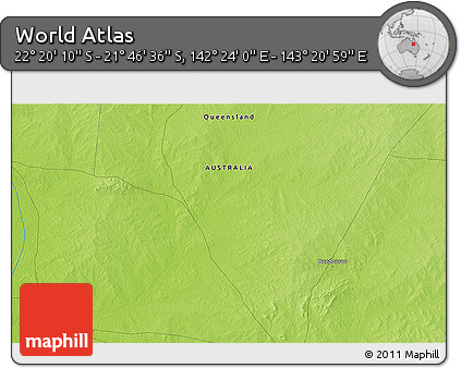 Physical 3D Map of the Area around 22° 3' 23" S, 142° 52' 30" E