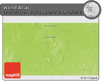 Physical 3D Map of the Area around 22° 3' 23" S, 147° 7' 30" E
