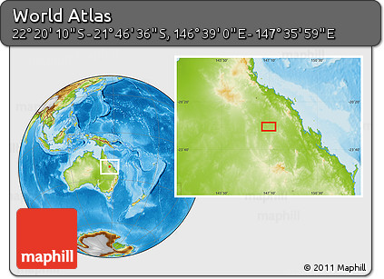 Physical Location Map of the Area around 22° 3' 23" S, 147° 7' 30" E