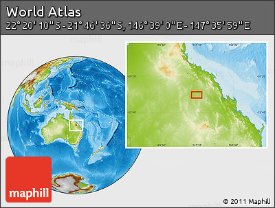 Physical Location Map of the Area around 22° 3' 23" S, 147° 7' 30" E