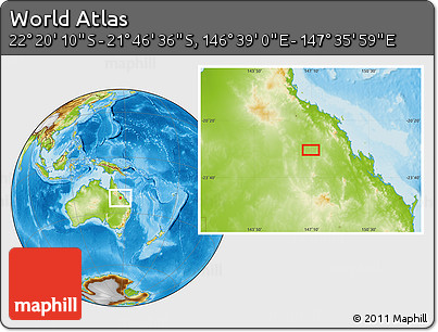 Physical Location Map of the Area around 22° 3' 23" S, 147° 7' 30" E