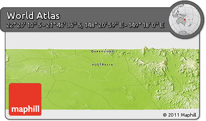 Physical Panoramic Map of the Area around 22° 3' 23" S, 148° 49' 29" E