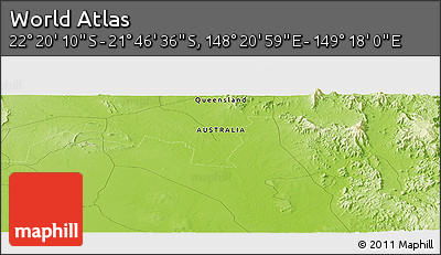 Physical Panoramic Map of the Area around 22° 3' 23" S, 148° 49' 29" E