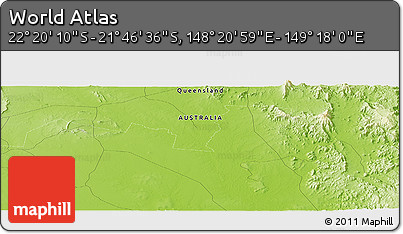 Physical Panoramic Map of the Area around 22° 3' 23" S, 148° 49' 29" E