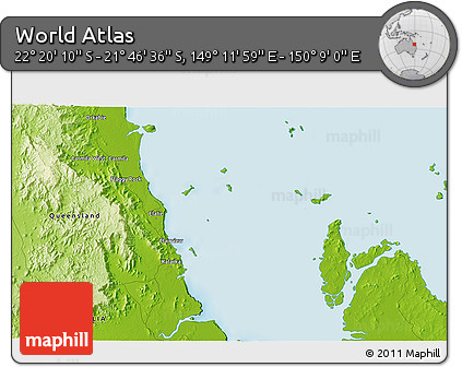 Physical 3D Map of the Area around 22° 3' 23" S, 149° 40' 30" E