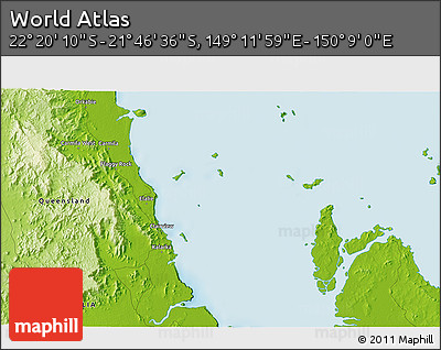 Physical 3D Map of the Area around 22° 3' 23" S, 149° 40' 30" E