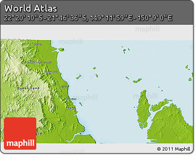 Physical 3D Map of the Area around 22° 3' 23" S, 149° 40' 30" E