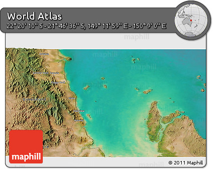 Satellite 3D Map of the Area around 22° 3' 23" S, 149° 40' 30" E
