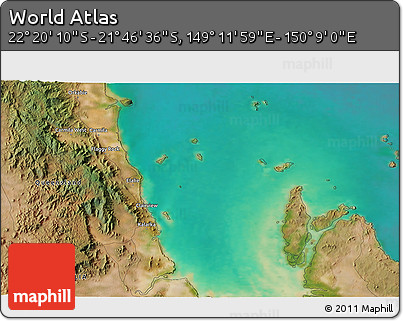 Satellite 3D Map of the Area around 22° 3' 23" S, 149° 40' 30" E