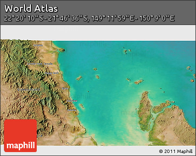 Satellite 3D Map of the Area around 22° 3' 23" S, 149° 40' 30" E