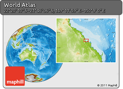 Physical Location Map of the Area around 22° 3' 23" S, 149° 40' 30" E