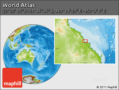 Physical Location Map of the Area around 22° 3' 23" S, 149° 40' 30" E
