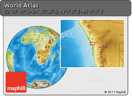 Physical Location Map of the Area around 22° 3' 23" S, 14° 31' 30" E