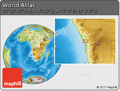 Physical Location Map of the Area around 22° 3' 23" S, 14° 31' 30" E