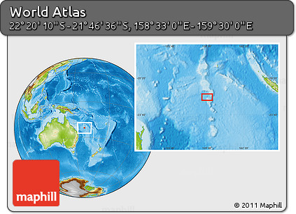 Physical Location Map of the Area around 22° 3' 23" S, 159° 1' 30" E