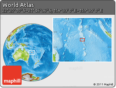 Physical Location Map of the Area around 22° 3' 23" S, 159° 1' 30" E