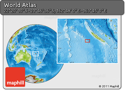 Physical Location Map of the Area around 22° 3' 23" S, 163° 16' 30" E