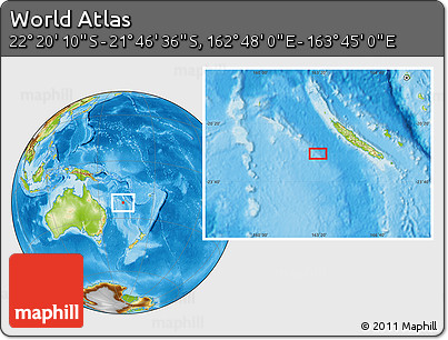 Physical Location Map of the Area around 22° 3' 23" S, 163° 16' 30" E
