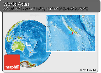 Physical Location Map of the Area around 22° 3' 23" S, 164° 58' 29" E