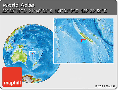 Physical Location Map of the Area around 22° 3' 23" S, 164° 58' 29" E