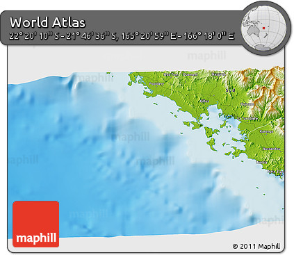 Physical 3D Map of the Area around 22° 3' 23" S, 165° 49' 29" E