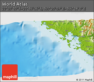 Physical 3D Map of the Area around 22° 3' 23" S, 165° 49' 29" E