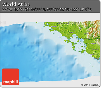 Physical 3D Map of the Area around 22° 3' 23" S, 165° 49' 29" E