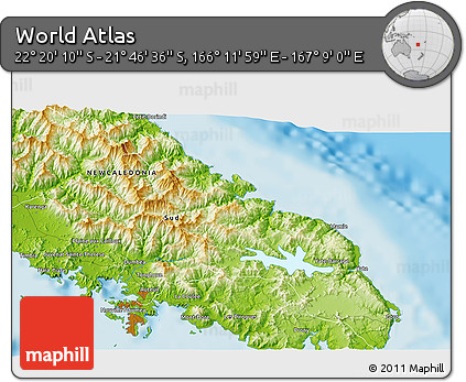 Physical 3D Map of the Area around 22° 3' 23" S, 166° 40' 30" E