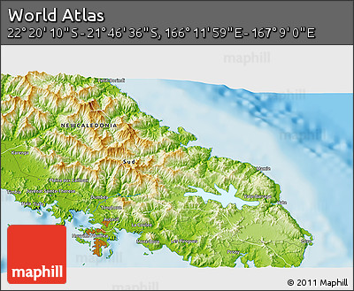 Physical 3D Map of the Area around 22° 3' 23" S, 166° 40' 30" E