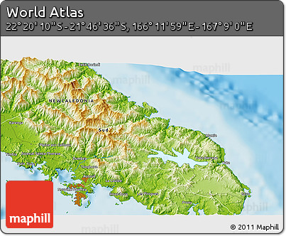 Physical 3D Map of the Area around 22° 3' 23" S, 166° 40' 30" E