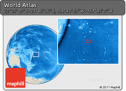 Shaded Relief Location Map of the Area around 22° 3' 23" S, 168° 13' 29" W