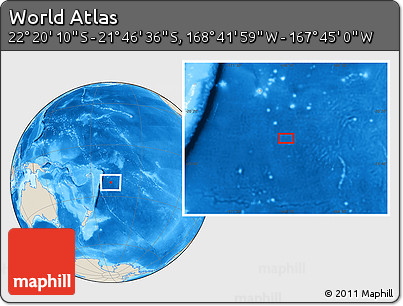 Shaded Relief Location Map of the Area around 22° 3' 23" S, 168° 13' 29" W