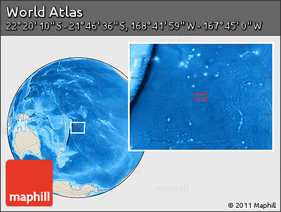 Shaded Relief Location Map of the Area around 22° 3' 23" S, 168° 13' 29" W