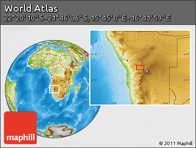 Physical Location Map of the Area around 22° 3' 23" S, 16° 13' 30" E
