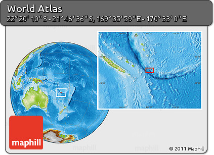 Physical Location Map of the Area around 22° 3' 23" S, 170° 4' 29" E
