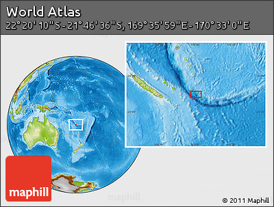 Physical Location Map of the Area around 22° 3' 23" S, 170° 4' 29" E