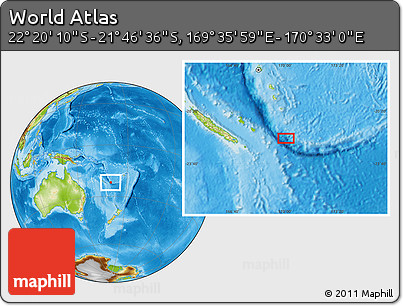 Physical Location Map of the Area around 22° 3' 23" S, 170° 4' 29" E