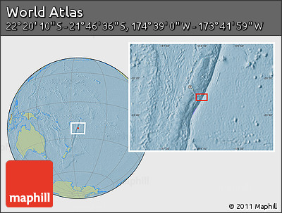 Savanna Style Location Map of the Area around 22° 3' 23" S, 174° 10' 30" W, hill shading