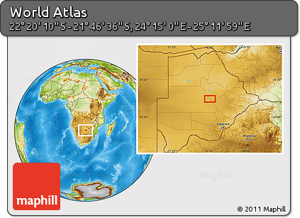 Physical Location Map of the Area around 22° 3' 23" S, 24° 43' 30" E