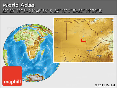 Physical Location Map of the Area around 22° 3' 23" S, 24° 43' 30" E