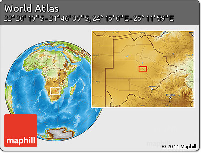 Physical Location Map of the Area around 22° 3' 23" S, 24° 43' 30" E