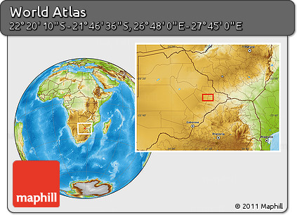 Physical Location Map of the Area around 22° 3' 23" S, 27° 16' 29" E