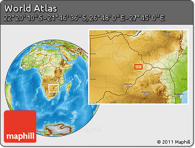Physical Location Map of the Area around 22° 3' 23" S, 27° 16' 29" E