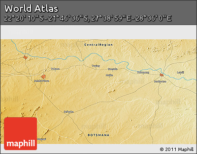 Physical 3D Map of the Area around 22° 3' 23" S, 28° 7' 30" E